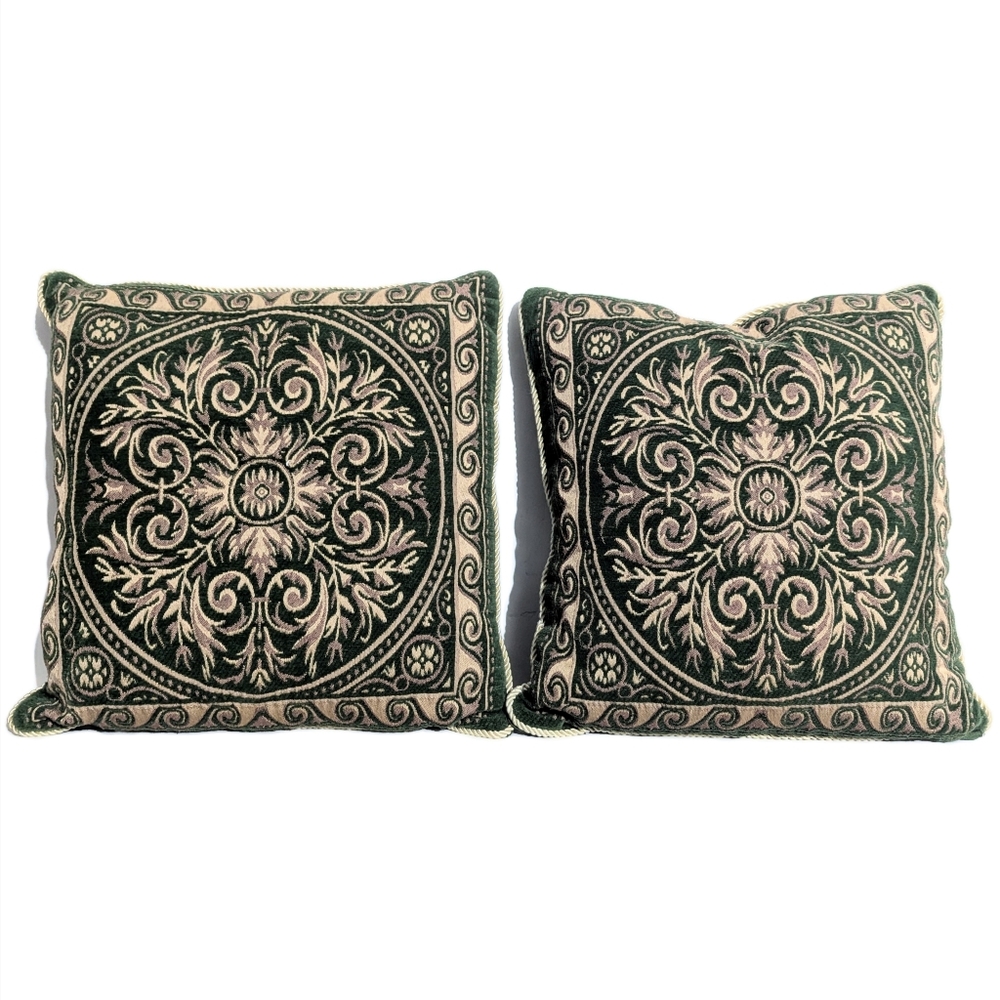 Vintage Green And Cream Tapestry Pillows Dark Academia Cottagecore Home Decor